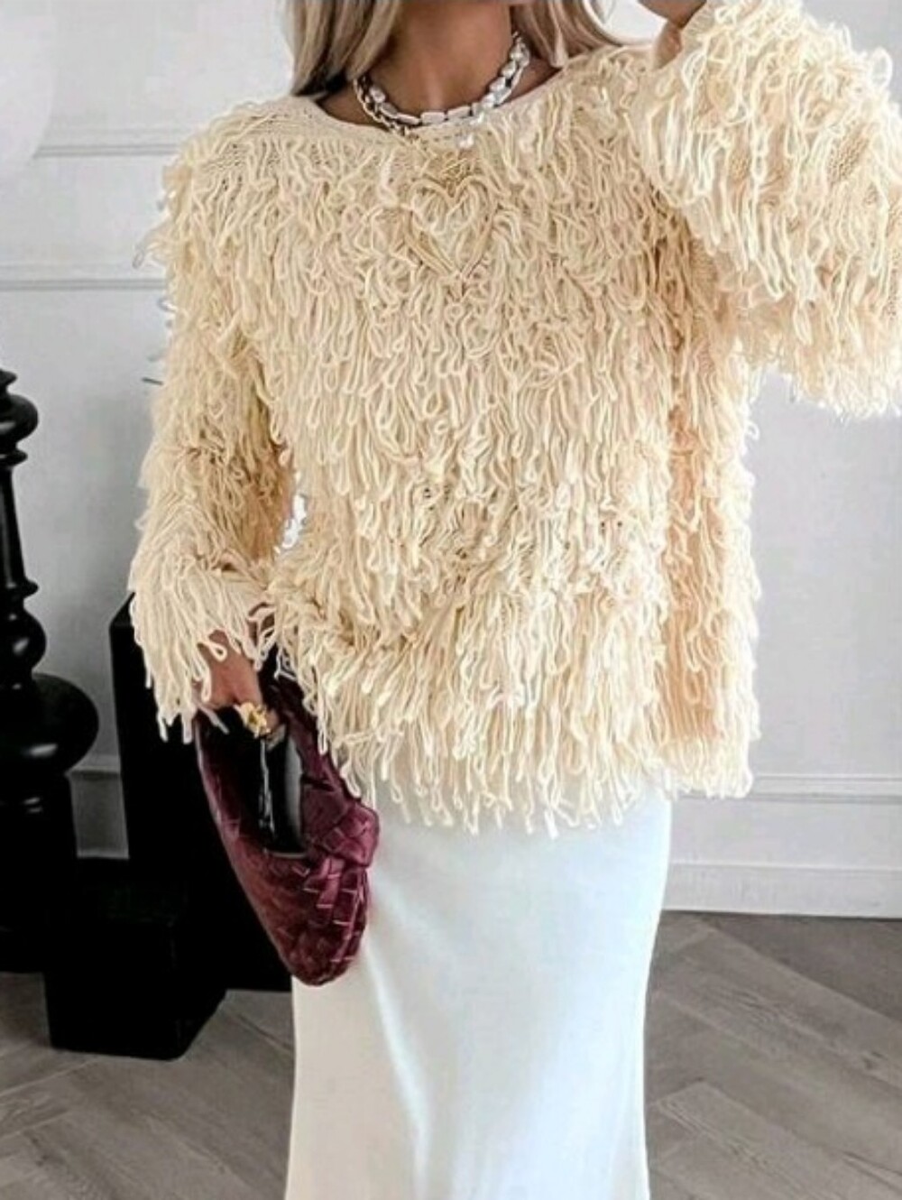 Women's Light Beige Crew Neck Long Sleeve Pullover Sweater,Japanese Fashion